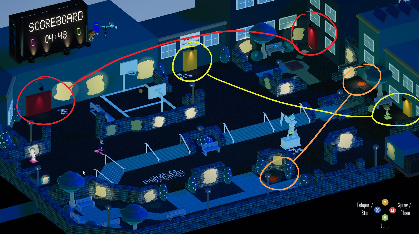 Teleport stations have matching colours to indicate their relation and intractability.
