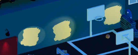 Walls where players can spray are indicated with a light yellow and bright spot light to navigate the players eyes to it