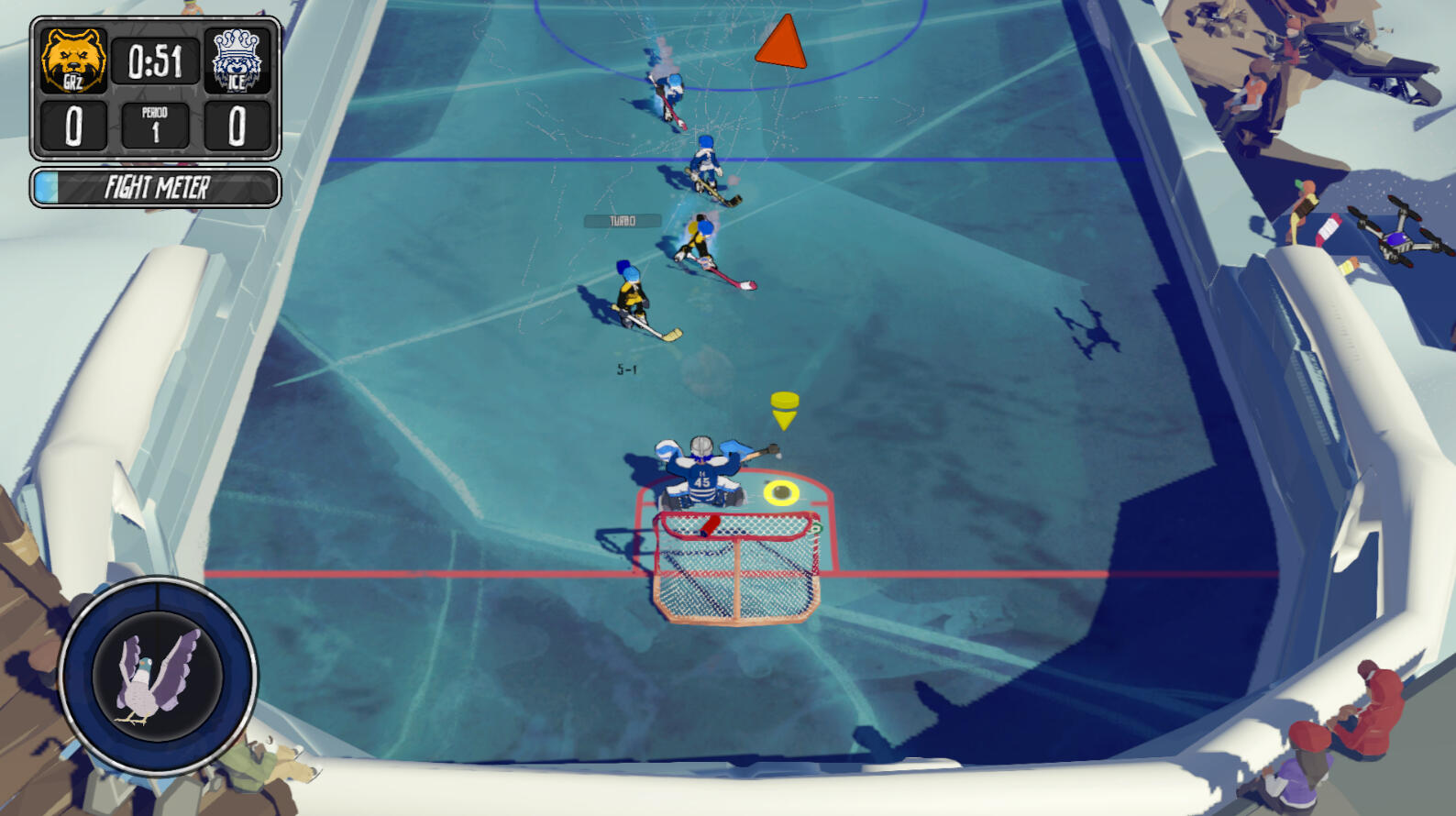 The interface of the game when I first started the project. On the left side of the screen is the score, fight meter, and power up. On the centre, is the player indicator and the puck marker.