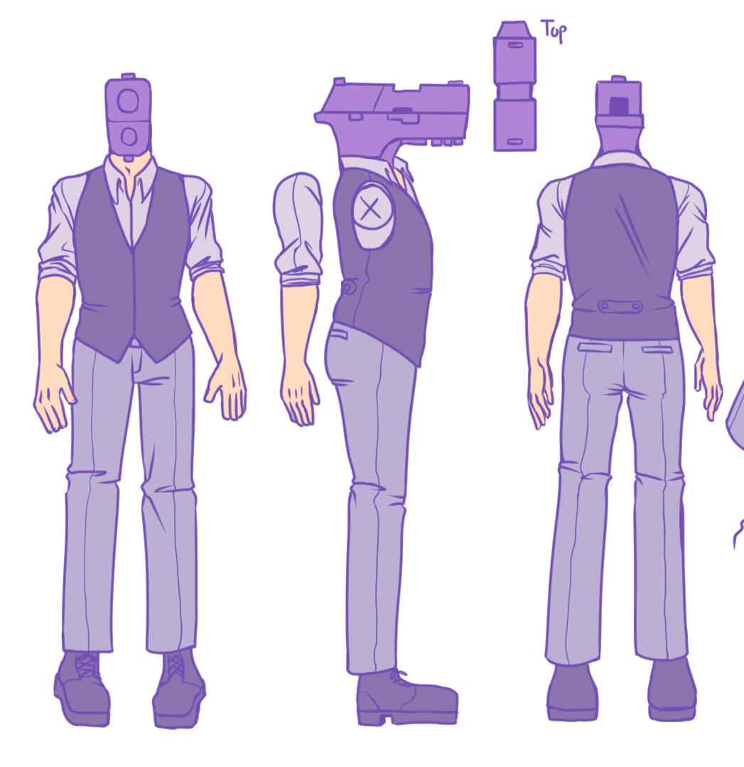 P250, the player character, was the only character I had to do a turnaround sheet due to his appearance in the game to be 3D. I knew that the 3D artist would not have enough time to model him, so I thought of making his design fit the low poly constraints