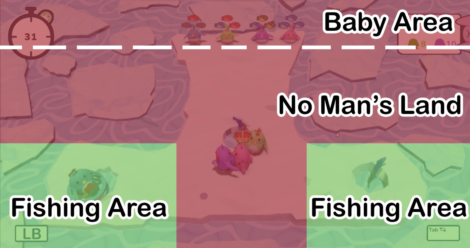 This is the last level of our game, where the fishing area is less than No Man&#39;s Land, due to the single pathway and narrow walkway