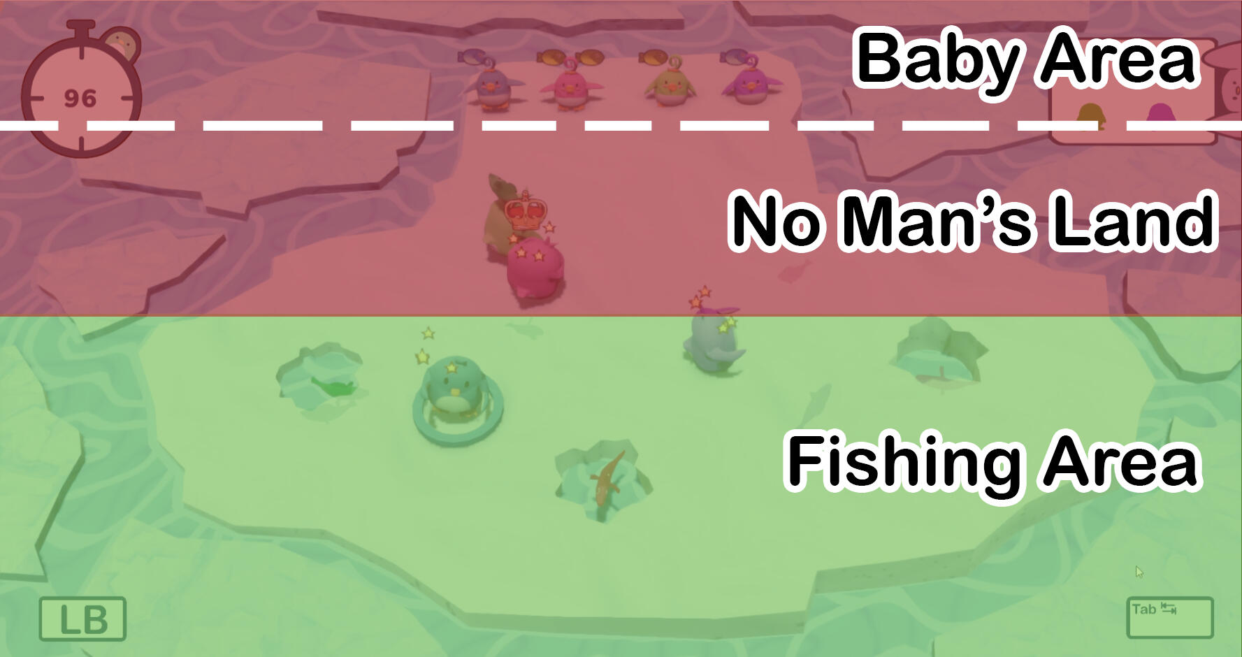 This is the first level of the game, where the fishing area is half of the No Man's Land, to allow players to adjust to the controls. The baby area is included as a part of No Man's Land, as players can steal fish until the fish has been directly fed