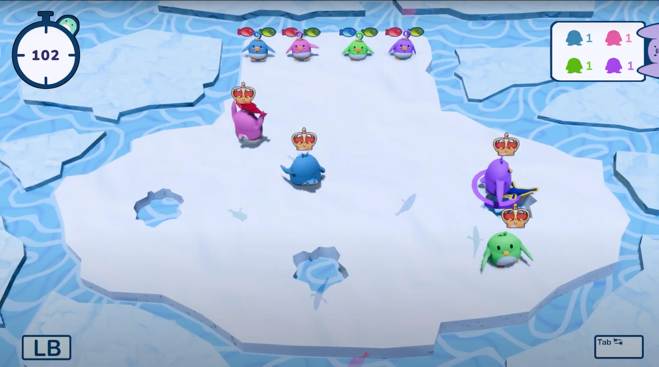 Screenshot of the game showing where the locations of the players, babies, and fishing holes are.