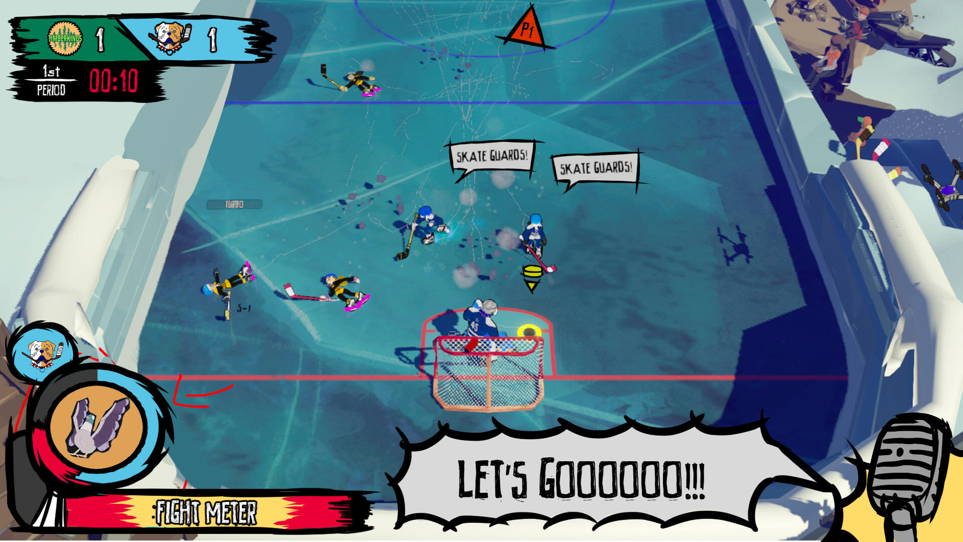 Power up indicates which team got the power up based on the fill and background colour, and logo on the corner.