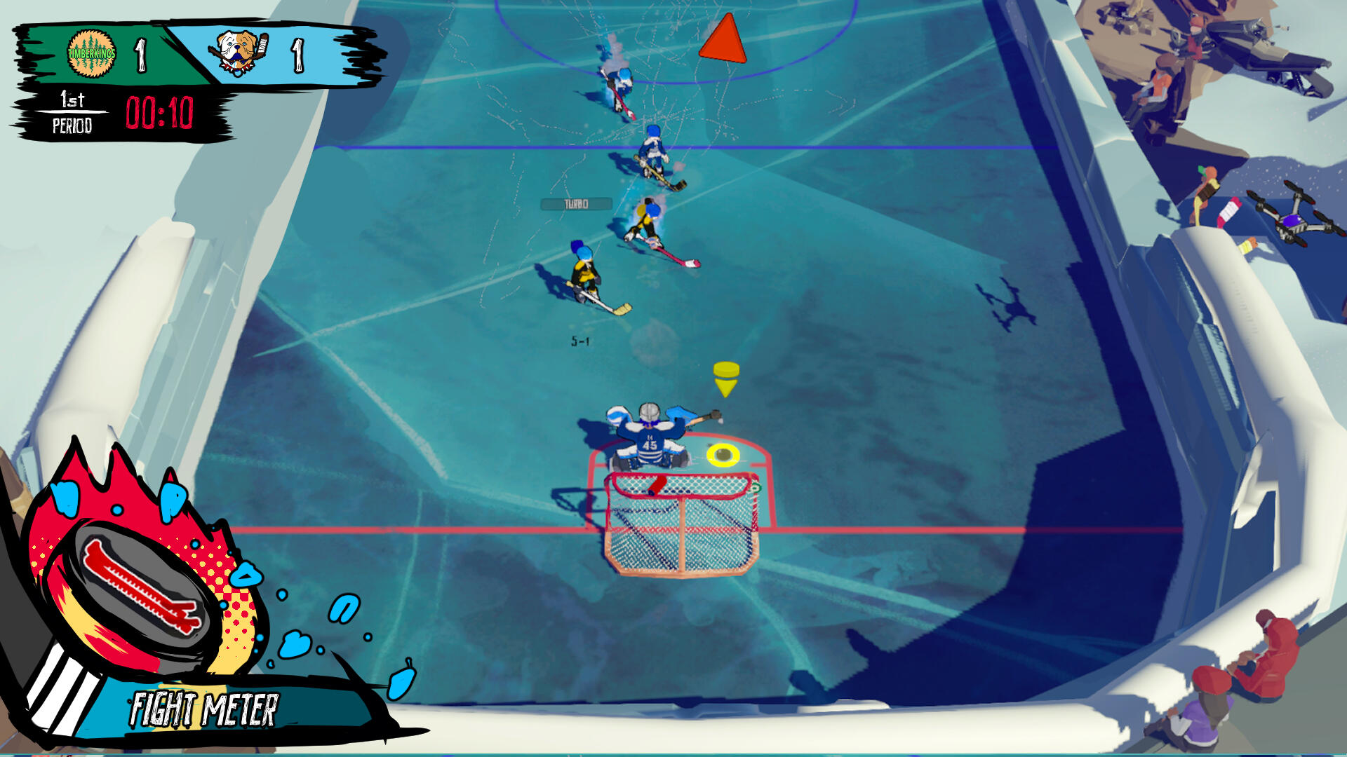 Experimentation of grouping information v3: follows the same positioning and structure of v2, but the power up is a puck and the fight meter is a stick.