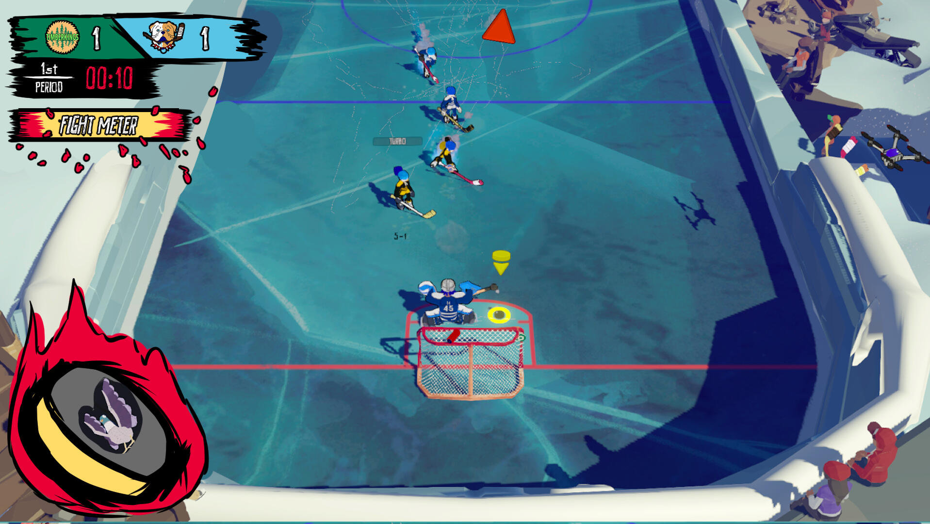 Directly updating the UI to fit the style of the game does not solve the problem of the fight meter and power up in one location. The information is still being split between two places and does not spread the information evenly around the screen.