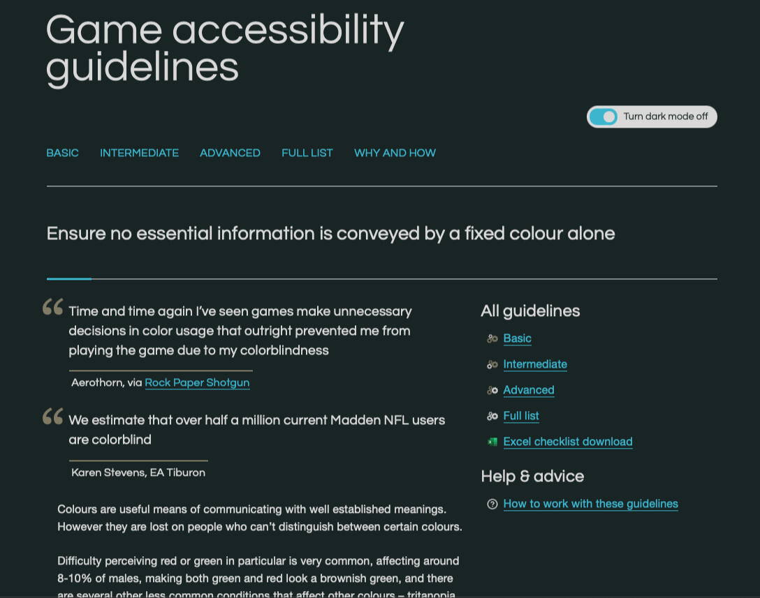 The Game Accessibility Guidelines website, in the topic about essential information not only being reliant on colour.