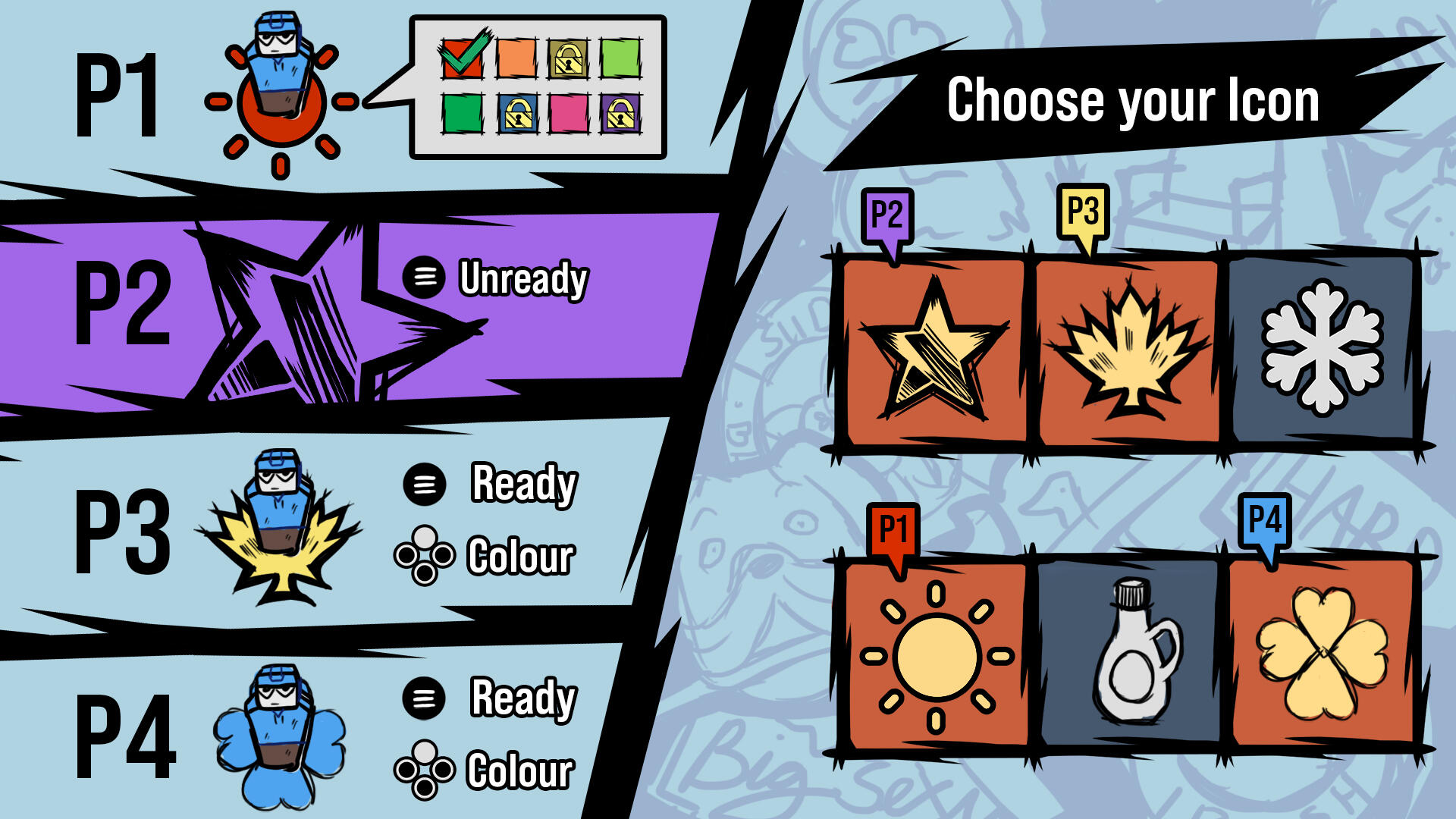 Mockup update when players choose different icons and colours; added a player place in on top of the icons in the left to show how the icons look in gameplay.
