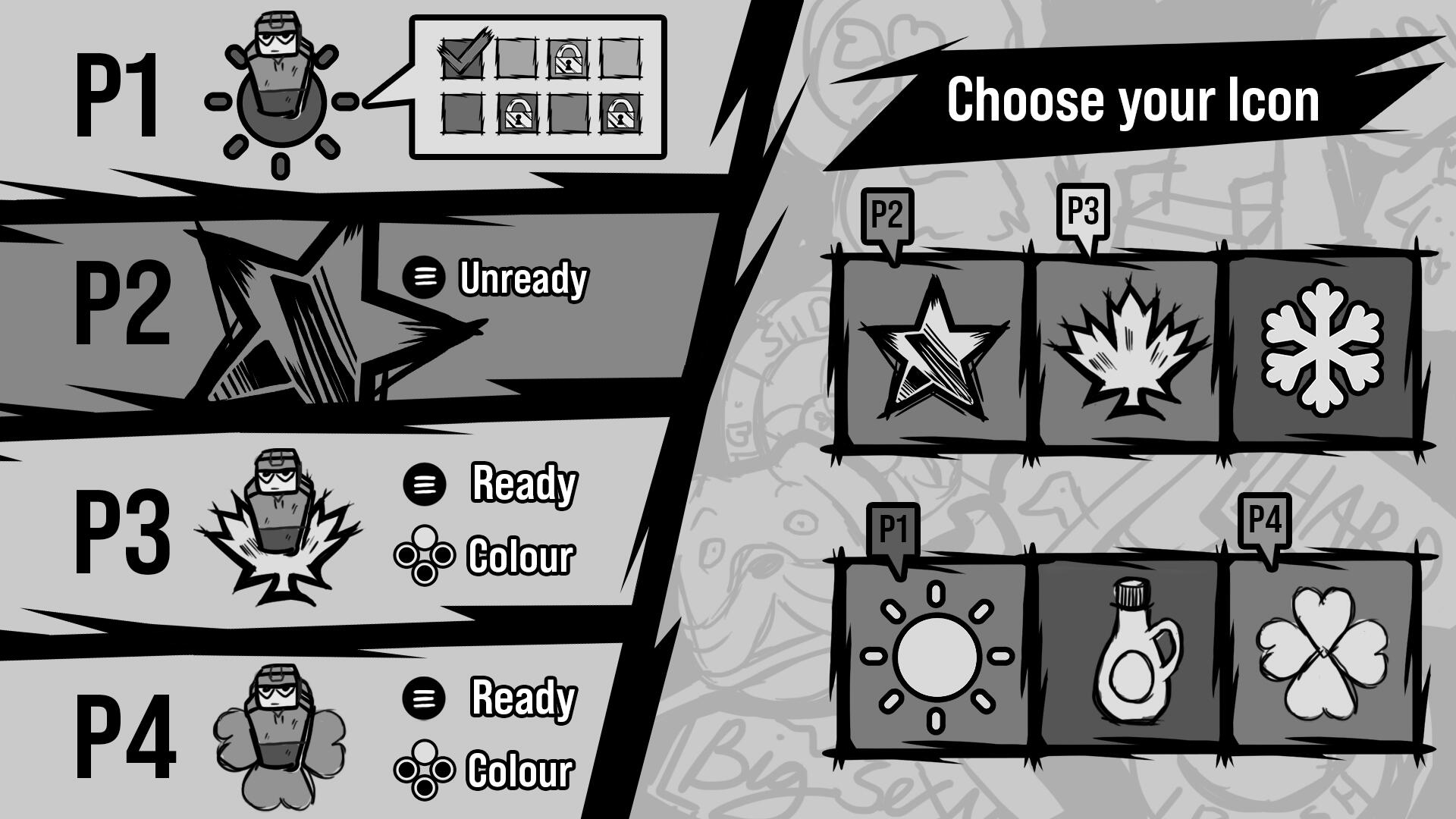 The mock up in black and white. Colours blend with one another, but due to the change in icons, it is easy to read which player is the character controlling based on the unique icon indicator.