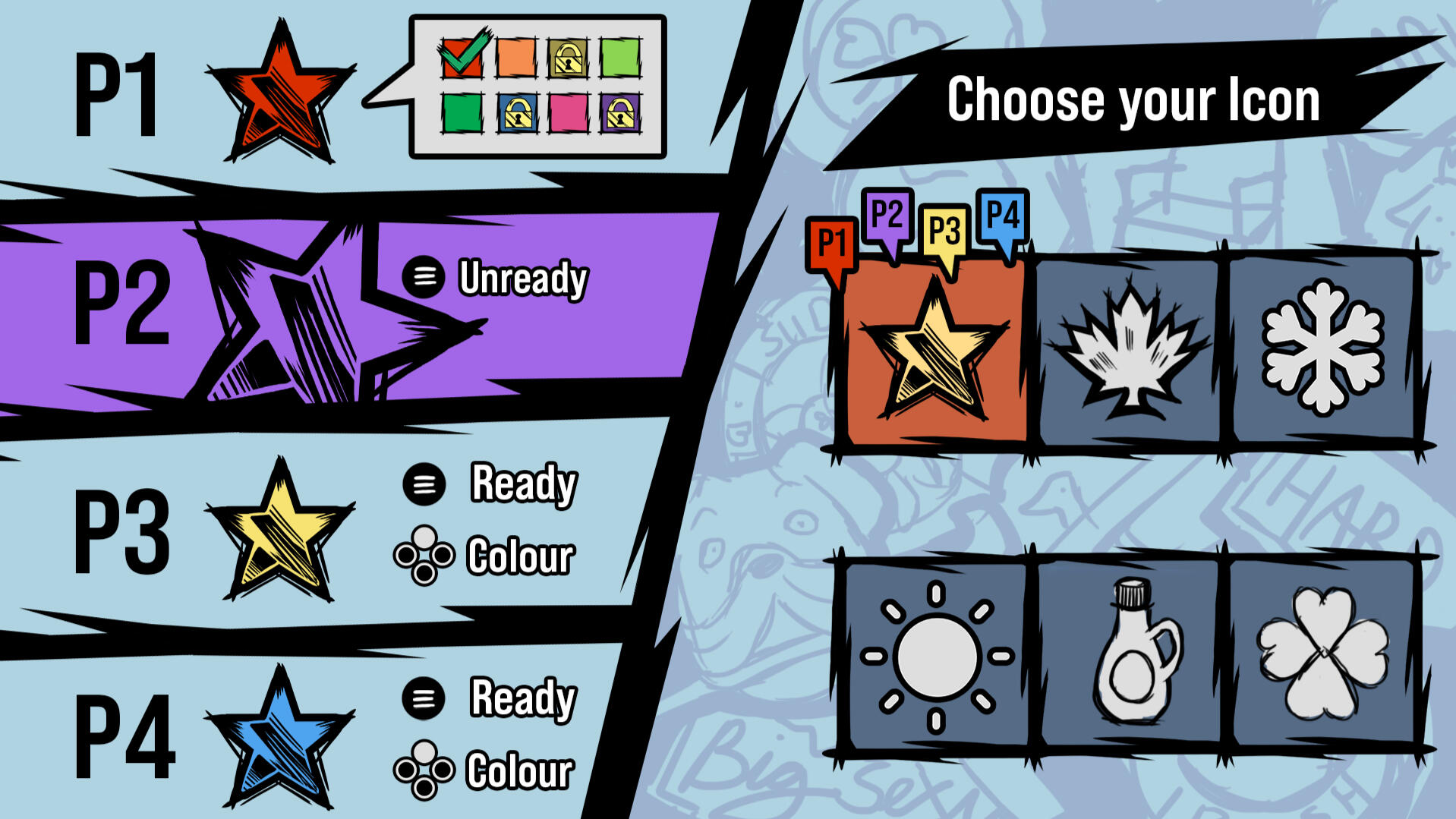 Mockup of the Player Icon Screen when all four players are connected.